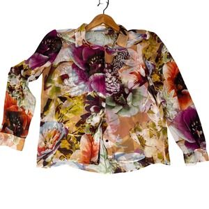 Simply Vera Vera Wang Floral Button Down Blouse Sheer Long Sleeve PurpleOrange L